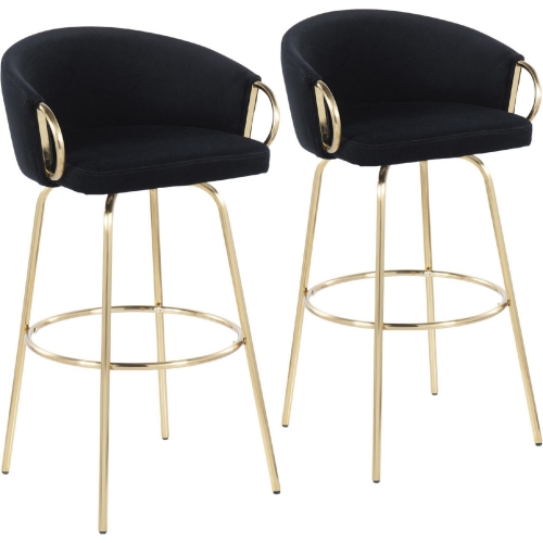 Claire 30" Bar Stool in Black Velvet, Gold & Gold Footrest (Set of 2)